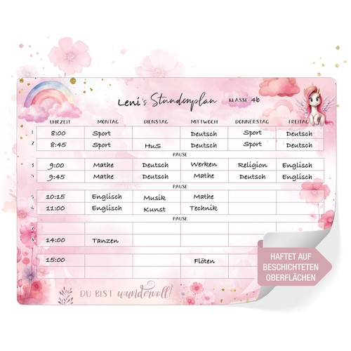 Stundenplan einhorn abwischbar - stundenplan,